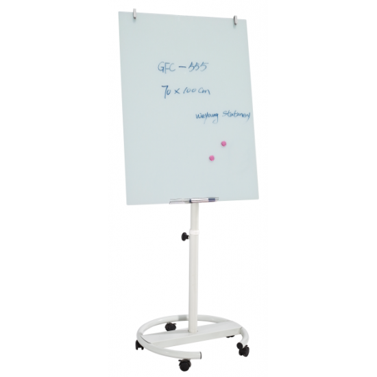 Flipchart magnetic din sticla, suport mobil rotund cu 5 rotile 70*100 cm EVOffice