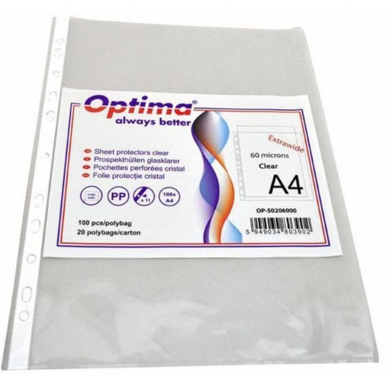 File de protectie pentru documente A4, 60 microni, 100-set, Optima Extra Wide - cristal