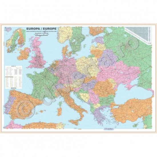 Harta plastifiata, EUROPA, harta de perete politica, 100x140cm, scara 1:3.500.000, laminata, baghete