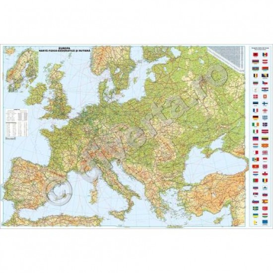 Harta plastifiata, EUROPA, harta de perete fizica-geografica si politica, 140x200 cm, laminata, baghete