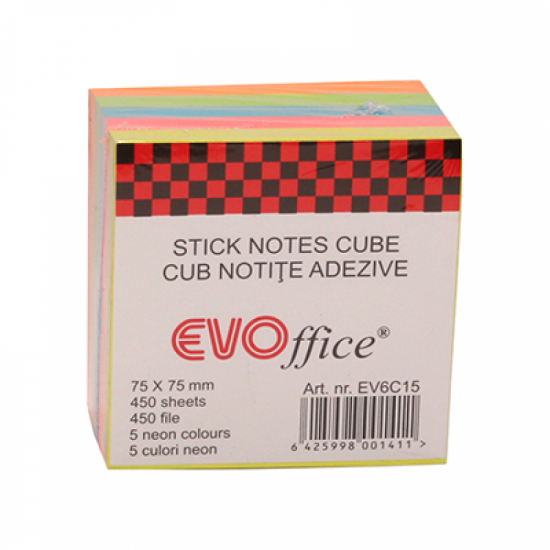 Notes autoadeziv cub, 76 x 76mm,450 file-set, diferite culori neon, EVOffice