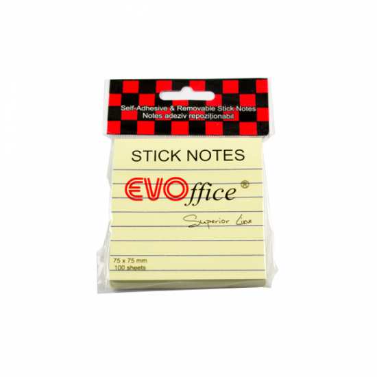 Notes autoadeziv liniat, 76 x 76mm, 100 file-set, galben pastel, EVOffice