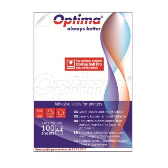 Etichete albe autoadezive Optima, 1/A4, 210 x 297 mm, 100 coli/top