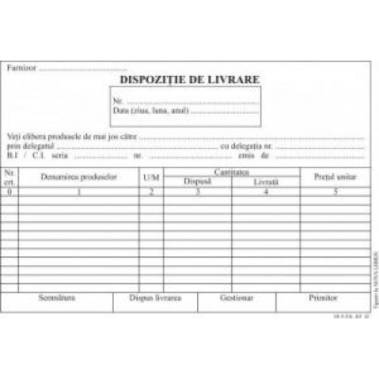 Dispozitie livrare, format A5, tipar fata, autocopiativ, 100 file/carnet