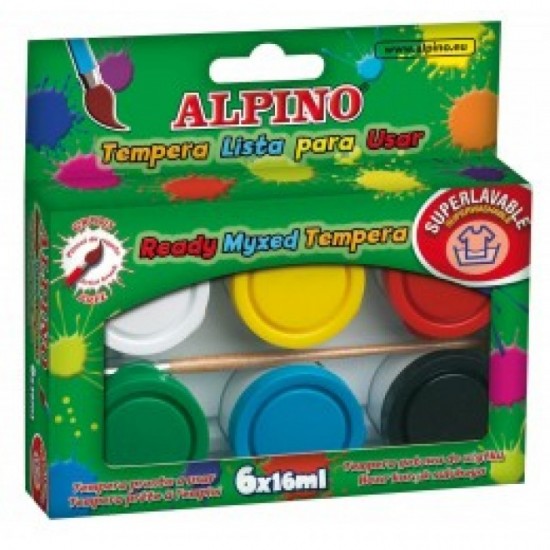 Tempera lavabila, 6 culori x 16ml/cutie + pensula gratis, Alpino