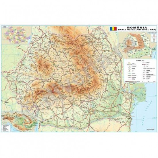 Harta plastifiata,ROMANIA, harta de perete fizica-geografica, 140x200cm, laminata, baghete