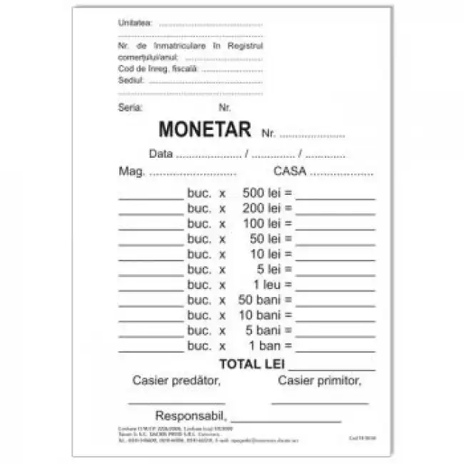 Monetar, format A6, tipar fata, autocopiativ, 2ex., 50 set/carnet