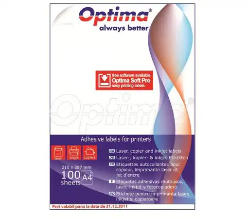 Etichete albe autoadezive Optima, 1/A4, 210 x 297 mm, 100 coli/top