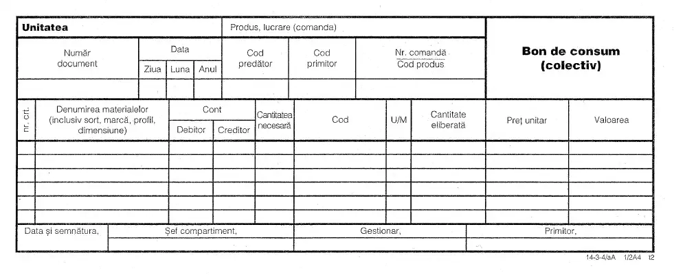 Bon consum colectiv, format 1-2A4, tipar fata-verso, 100 file-carnet