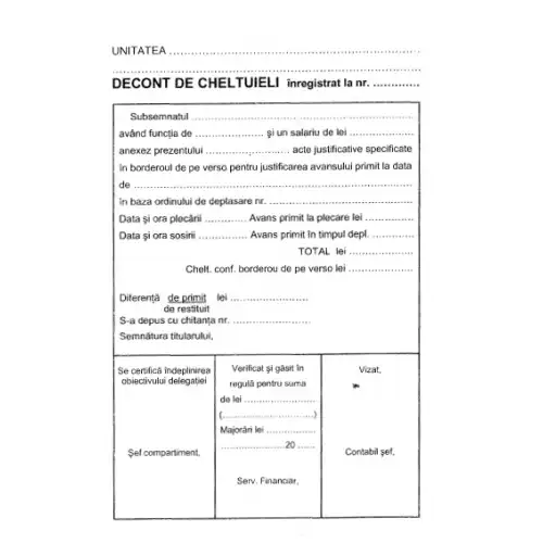 Decont cheltuieli, format A5, tipar fata/verso, 100 file/carnet