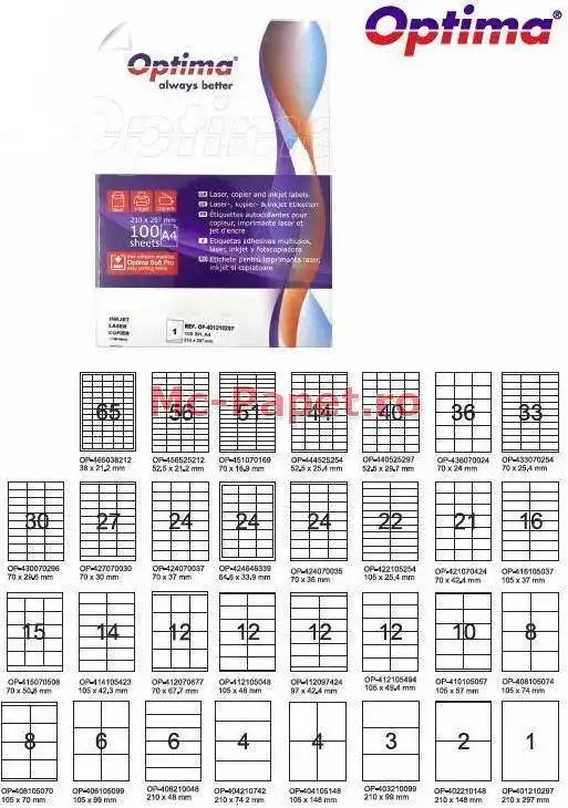 Etichete albe autoadezive Optima 65/A4, 38 x 21,2 mm, 100 coli/top