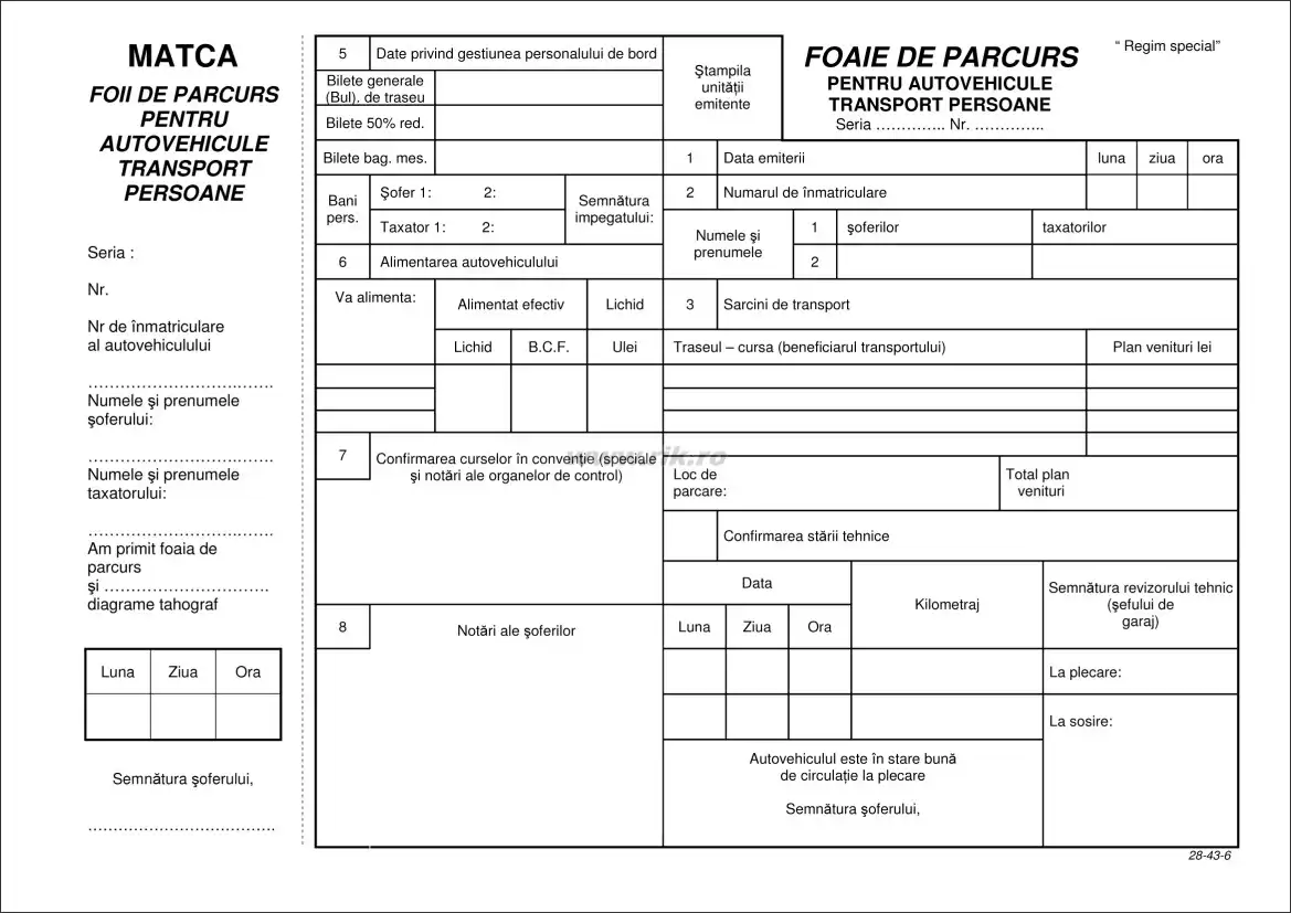 Foaie de parcurs autovehicule persoane, format A4, tipar fata/verso, 100 file/carnet