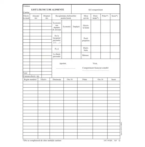 Lista alimente, format A4, tipar fata/verso, 100 file/carnet