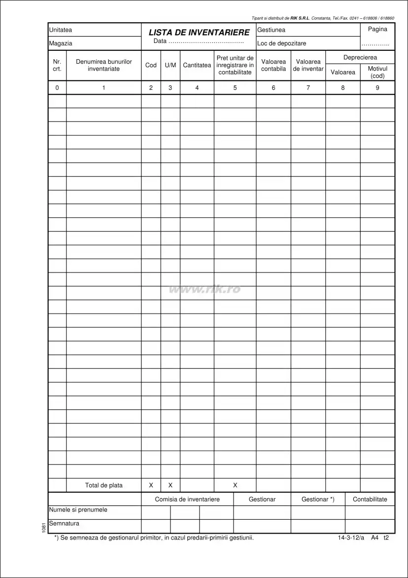 Lista de inventariere, format A4, tipar fata, 100 file/carnet