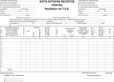 Nota de intrare receptie, neplatitor de TVA, format A4, tipar fata, 100 file/carnet
